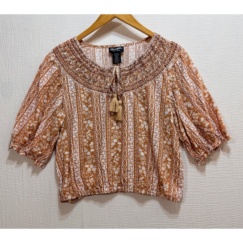 Wrangler Retro Peasant Top Women Small Short‎ Sleeves Floral Geometric Boho